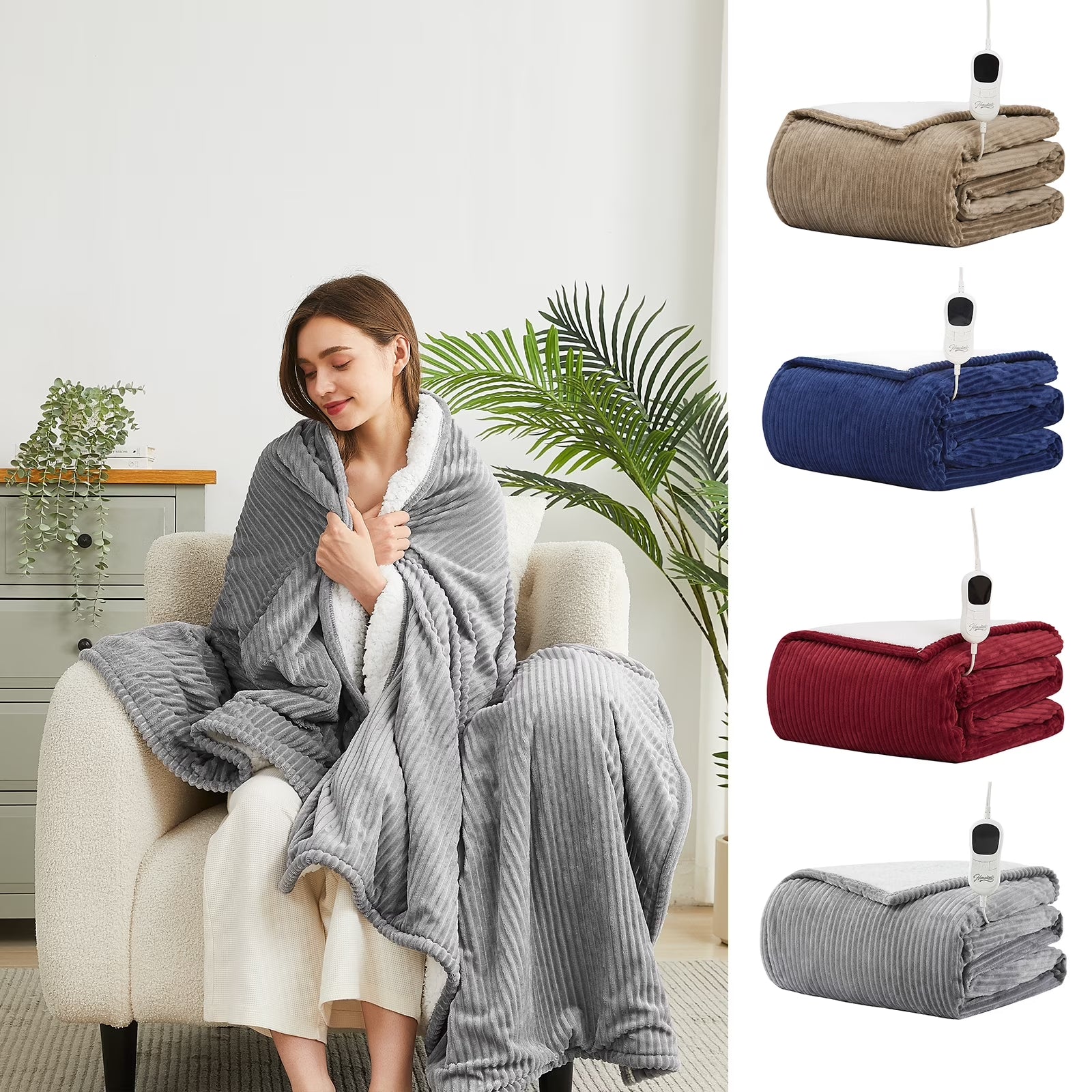 Homemate Electric Heated Throw Blanket, Flannel & Sherpa Cozy Soft Electric Throw with 5 Heat Settings & 4 Hours Auto -Off, 50X60 Inch, Grey