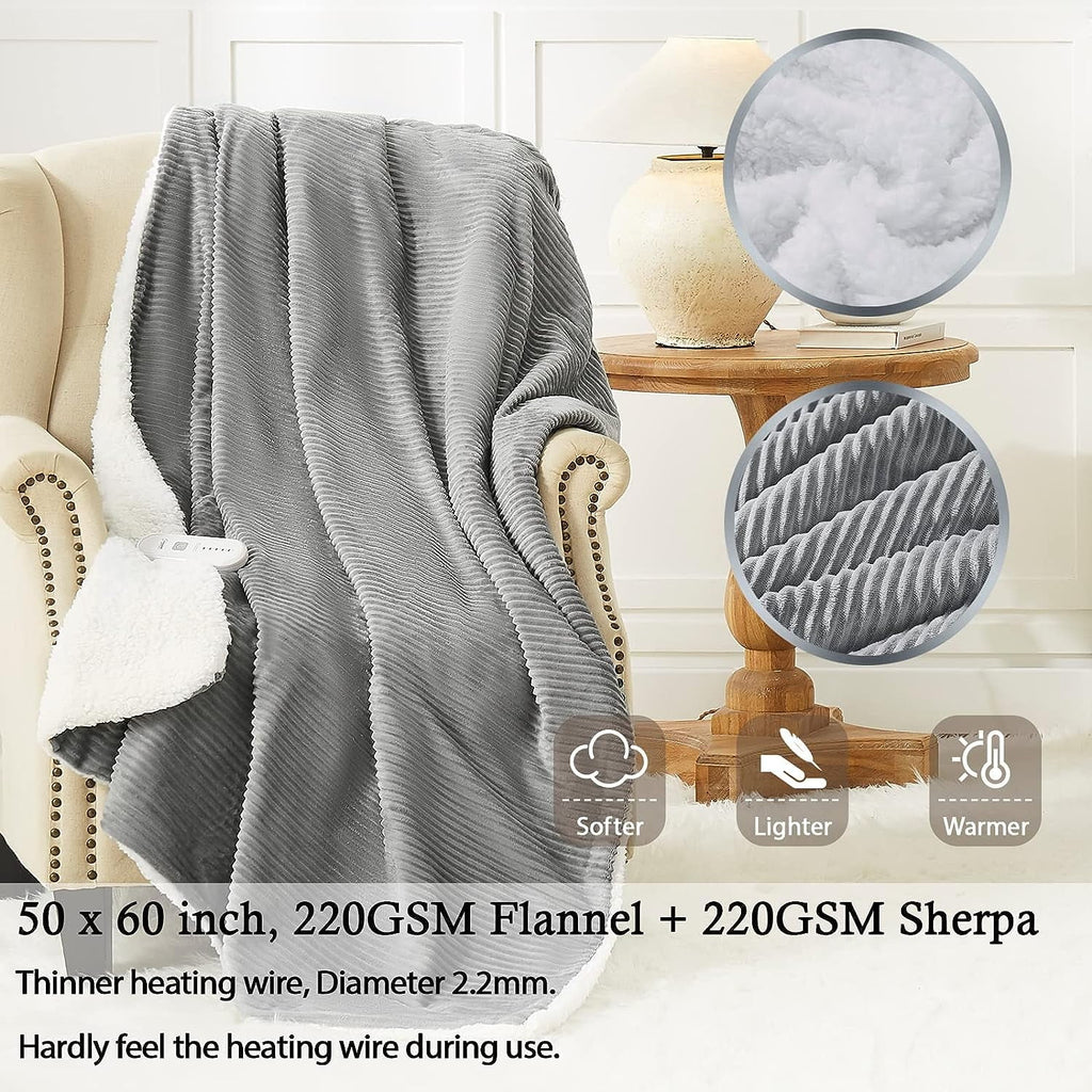 Homemate Electric Heated Throw Blanket, Flannel & Sherpa Cozy Soft Electric Throw with 5 Heat Settings & 4 Hours Auto -Off, 50X60 Inch, Grey
